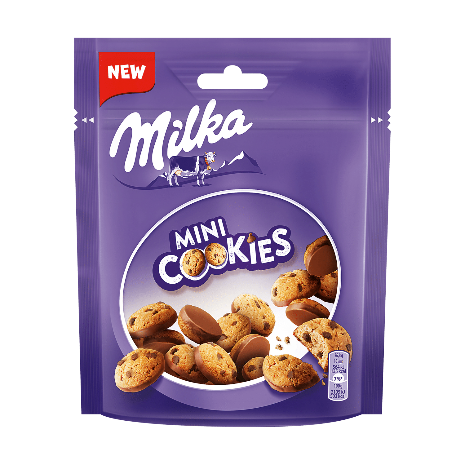 MILKA Mini Cookies with pieces of chocolate partially covered with milk chocolate, 100g